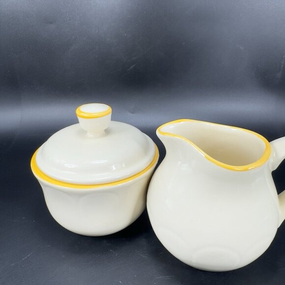 Vintage Franciscan Pottery Sugar Bowl And Creamer Set Ivory With Yellow Edges - Picture 14 of 15